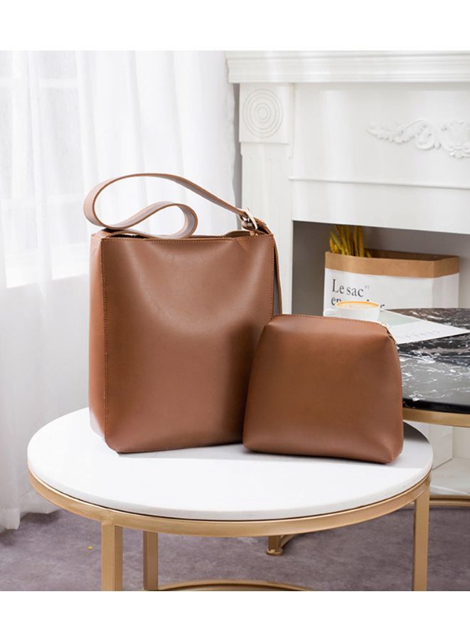 Vintage Simple Women Bucket Bag Handbag, Large Capacity Shoulder Bag Totes Solid Color Underarm Bag, Brown - Image 1