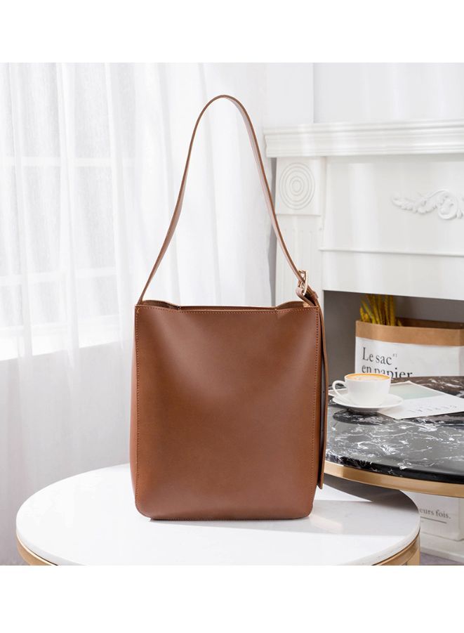 Vintage Simple Women Bucket Bag Handbag, Large Capacity Shoulder Bag Totes Solid Color Underarm Bag, Brown - Image 2