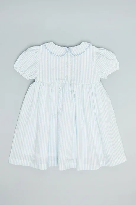 R&B Striped Flared Dress with Peter Pan Collar and Puff Sleeves