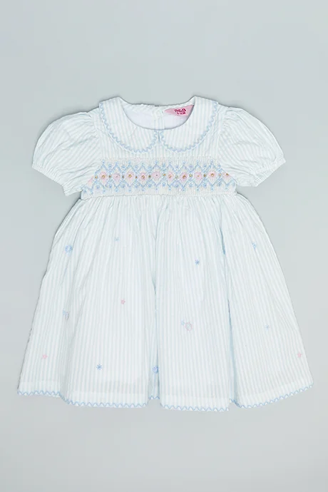 R&B Striped Flared Dress with Peter Pan Collar and Puff Sleeves