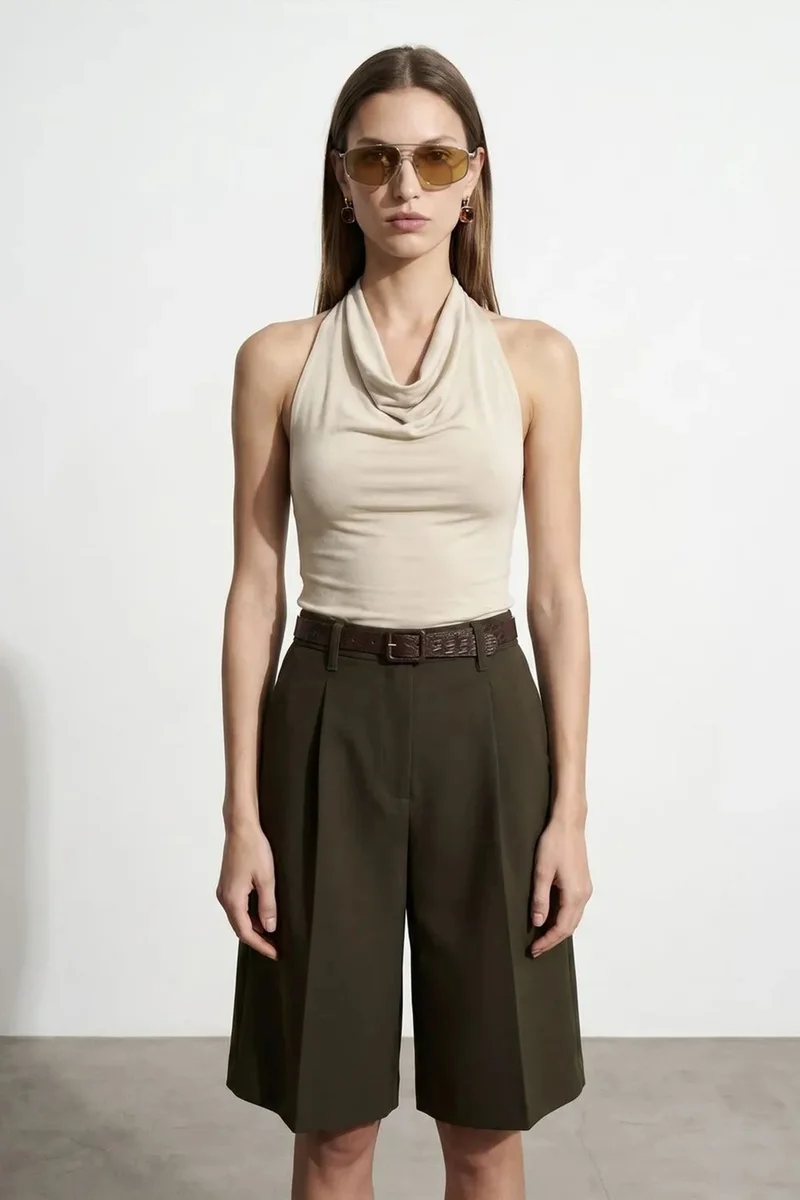 DILVIN Sleeveless Cowl Neck Tie Blouse