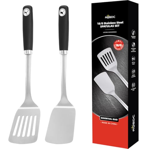 Aosdc 2 Pcs Stainless Steel Spatulas Set,14.9 Silver Slotted Turner, Solid Turner, Kitchen Cooking Utensils Set, High Heat Resistant, Grilling Frying Serving Food, Easy to Clean - Image 1