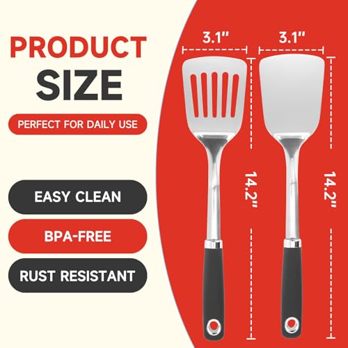 Aosdc 2 Pcs Stainless Steel Spatulas Set,14.9 Silver Slotted Turner, Solid Turner, Kitchen Cooking Utensils Set, High Heat Resistant, Grilling Frying Serving Food, Easy to Clean - Image 2
