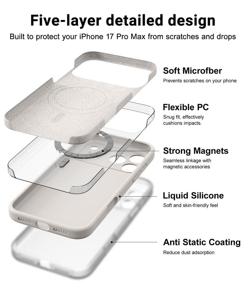 OTOFLY Magnetic for iPhone 17 Pro Max Case,Compatible with Magsafe,Classic Liquid Silicone Mobile Phone Case,Integrated Camera Control Button,Anti-Scratch Microfiber Lining, Stone - Image 4