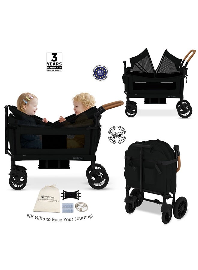neobreez ADVI Wagon Cargo Push & Pull Foldable Double Stroller For 2 Kids, Waterproof UPF 50+ Removable Canopy, 2in1 Cup Holder, 6m-4yrs, 44kg,  3yrs Warranty - Image 3