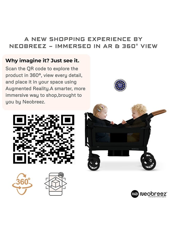 neobreez ADVI Wagon Cargo Push & Pull Foldable Double Stroller For 2 Kids, Waterproof UPF 50+ Removable Canopy, 2in1 Cup Holder, 6m-4yrs, 44kg,  3yrs Warranty - Image 2