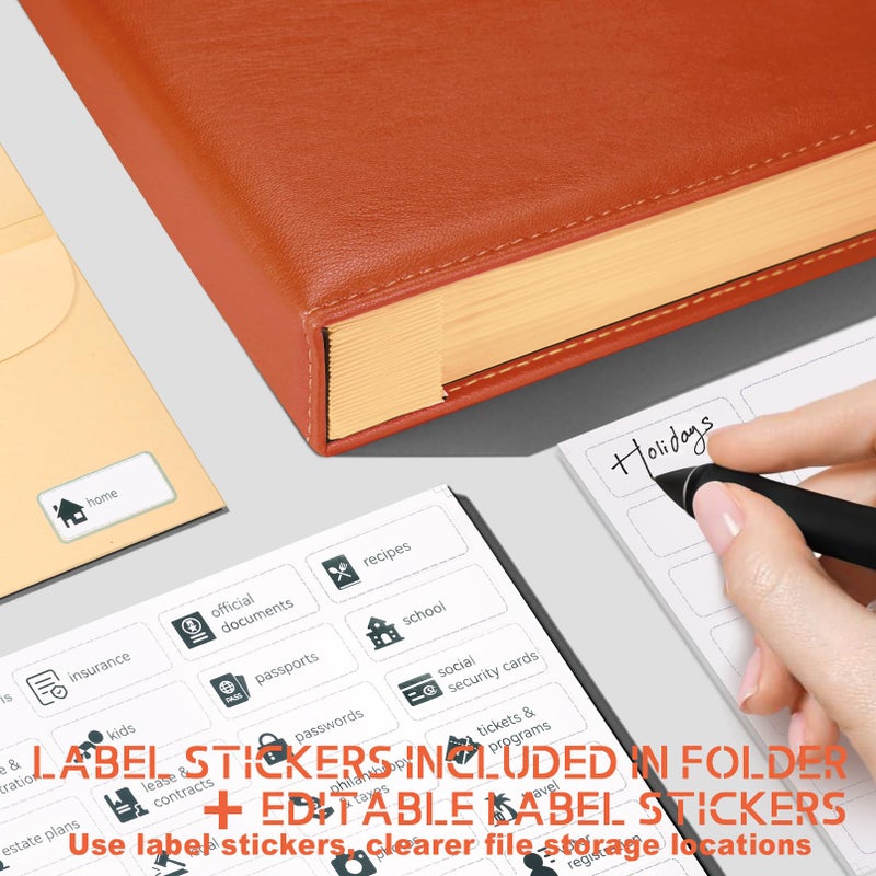 JOYCE Important Document Organizer, Life File Manager with Labels, for Managing Letters, Photos, Birth Certificates, Social Security Cards, Passport, Ring Binder (Brown Leather) - Image 5