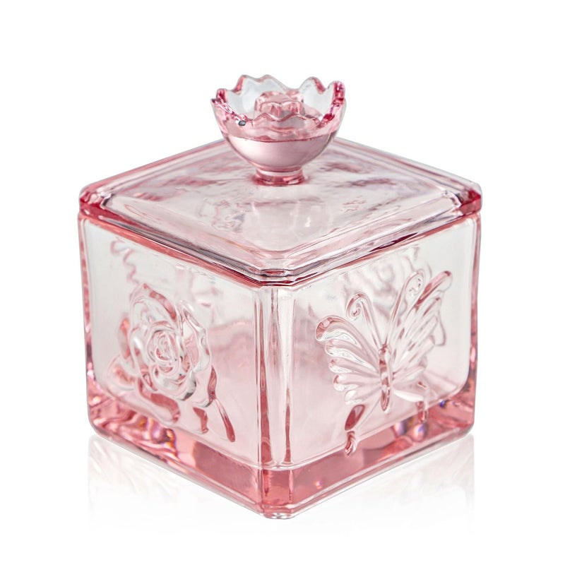 WHJY Cute Glass Vintage Candy Jar with Lid, Iridescent Colored Glass Candy Jar for Office Desk, Pink Candy Dishes for Candy Buffet, Cookie Jar 4.5â€ Tall - Image 1
