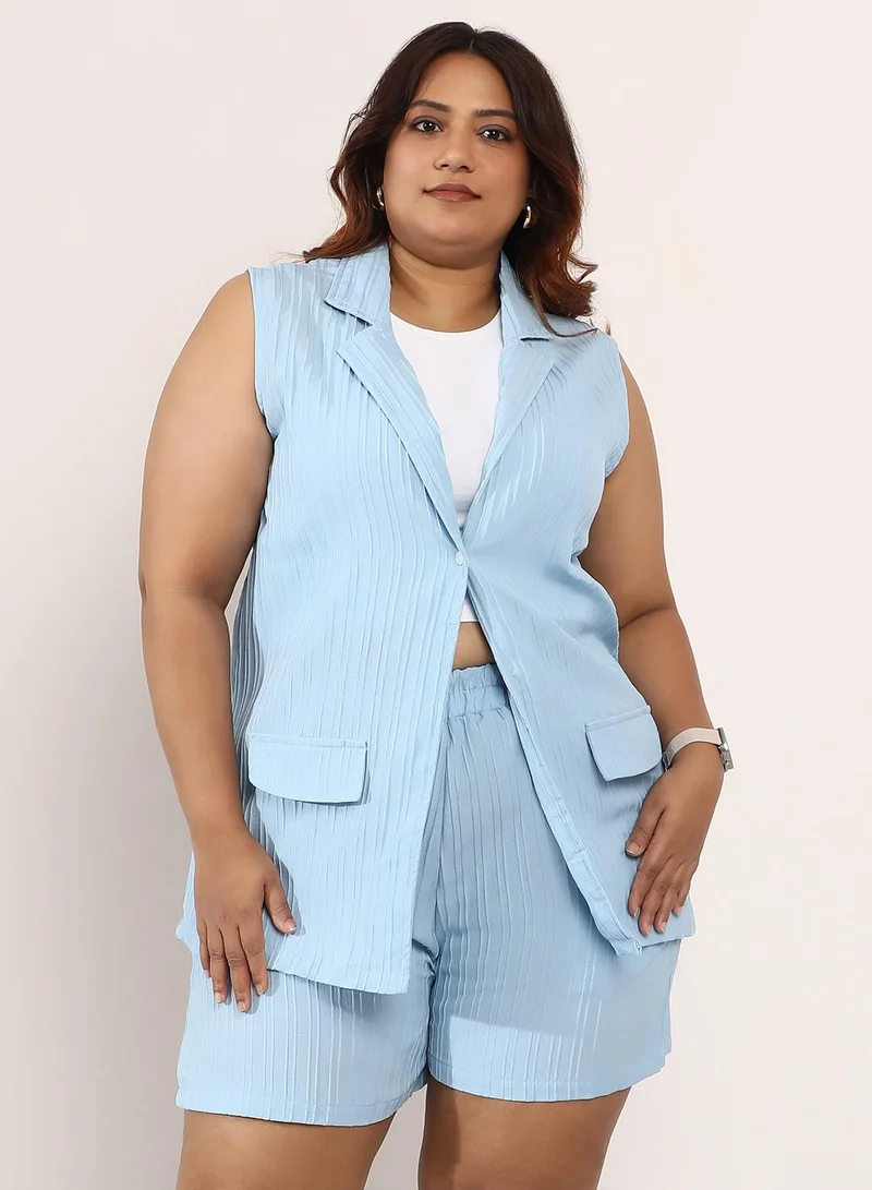 Instafab Plus Women's Textured-Longline Co-Ord Set | Notch Collar , Sleeveless, Button Closure | Plus-Size Solid Textured Woven Co-Ords For Casual & Daily Wear | Powder Blue