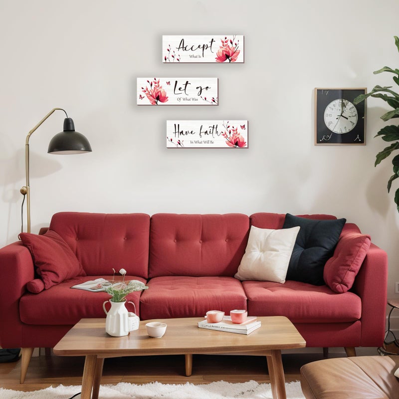 ONIZHITY 3 Pcs Red Bathroom Decor Rustic Flower Wall Art Accept Let Go Have Faith Farmhouse Bedroom Wall Decor Wooden Inspirational Quotes Decorations for Living Room Bathroom Bedroom(Red  12 x 4 Inches) - Image 3