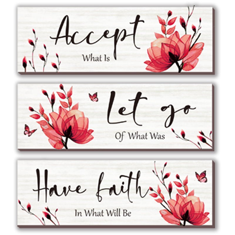 ONIZHITY 3 Pcs Red Bathroom Decor Rustic Flower Wall Art Accept Let Go Have Faith Farmhouse Bedroom Wall Decor Wooden Inspirational Quotes Decorations for Living Room Bathroom Bedroom(Red  12 x 4 Inches) - Image 1