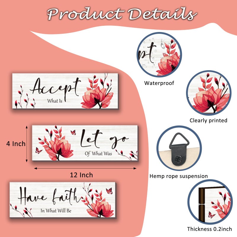 ONIZHITY 3 Pcs Red Bathroom Decor Rustic Flower Wall Art Accept Let Go Have Faith Farmhouse Bedroom Wall Decor Wooden Inspirational Quotes Decorations for Living Room Bathroom Bedroom(Red  12 x 4 Inches) - Image 4