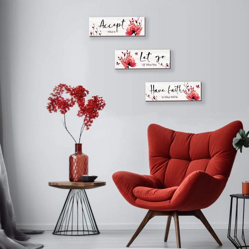 ONIZHITY 3 Pcs Red Bathroom Decor Rustic Flower Wall Art Accept Let Go Have Faith Farmhouse Bedroom Wall Decor Wooden Inspirational Quotes Decorations for Living Room Bathroom Bedroom(Red  12 x 4 Inches) - Image 2