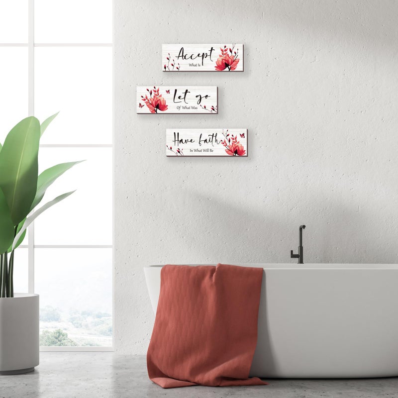 ONIZHITY 3 Pcs Red Bathroom Decor Rustic Flower Wall Art Accept Let Go Have Faith Farmhouse Bedroom Wall Decor Wooden Inspirational Quotes Decorations for Living Room Bathroom Bedroom(Red  12 x 4 Inches) - Image 5