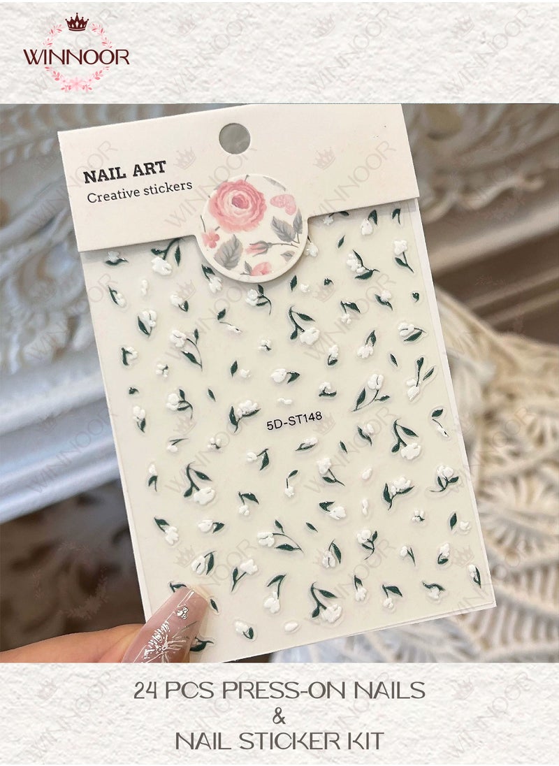 WINNOOR - 24Pcs Solid Color Press-on Nails, Dark Brown Glossy Artificial Nails, Almond Shape Fake Nails & Floral Whisper Nail Art Stickers Set - Image 1