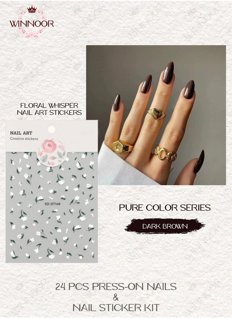 WINNOOR - 24Pcs Solid Color Press-on Nails, Dark Brown Glossy Artificial Nails, Almond Shape Fake Nails & Floral Whisper Nail Art Stickers Set - Image 1