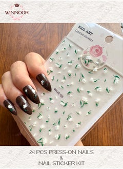 24Pcs Solid Color Press-on Nails, Dark Brown Glossy Artificial Nails, Almond Shape Fake Nails & Floral Whisper Nail Art Stickers Set