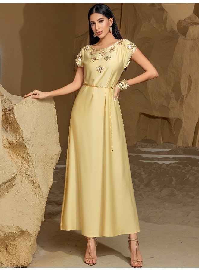 Madam Uniq New Champagne Satin Embellished Short Sleeve Vintage Dress with Handmade Rhinestones for Elegant Ladies  - Image 1