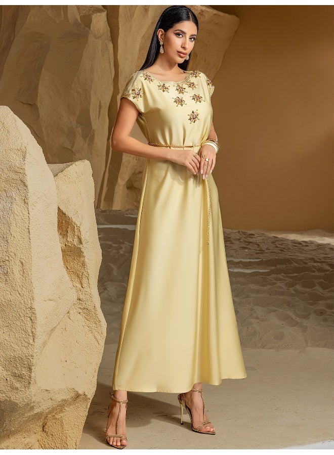 Madam Uniq New Champagne Satin Embellished Short Sleeve Vintage Dress with Handmade Rhinestones for Elegant Ladies  - Image 5