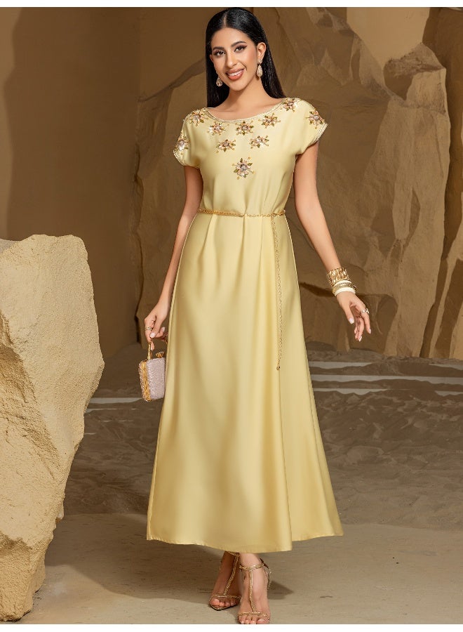 Madam Uniq New Champagne Satin Embellished Short Sleeve Vintage Dress with Handmade Rhinestones for Elegant Ladies  - Image 2