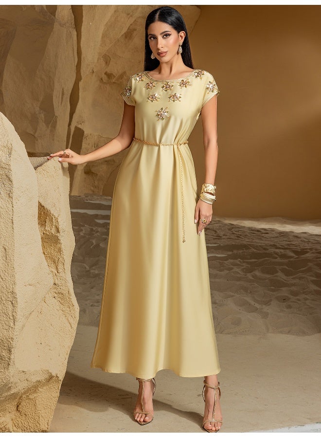 Madam Uniq New Champagne Satin Embellished Short Sleeve Vintage Dress with Handmade Rhinestones for Elegant Ladies  - Image 3