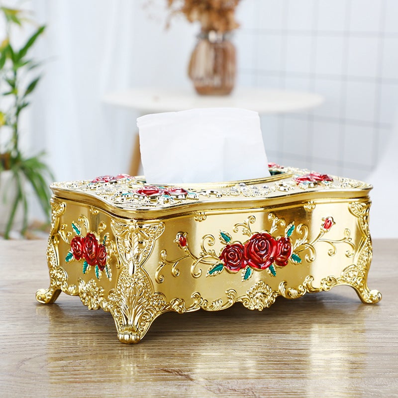 Generic Large Gold Napkin Holder Creative Plastic Tissue Box Golden Red Rose