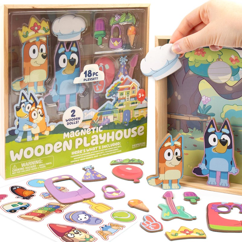 Horizon Group USA Bluey Magnetic Wooden Playhouse, 18 Piece Activity Set, Includes 2 Wooden Dolls House, Great Toys for Kids, Fun Birthday Party Activity, House Playset - Image 2