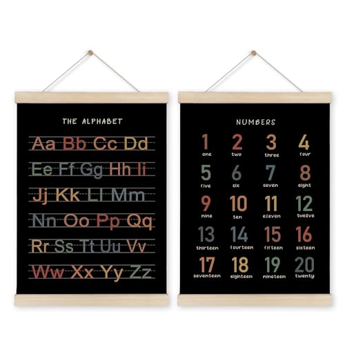 HRQKO Alphabet Numbers Poster Hanger Frame Set of 2, Black Nursery Wall Decor, ABC Poster Wall Art with Wooden Frames, Boho Alphabet Banner Wall Hanging Decor for Toddler Playroom, 12x16 Inch - Image 1