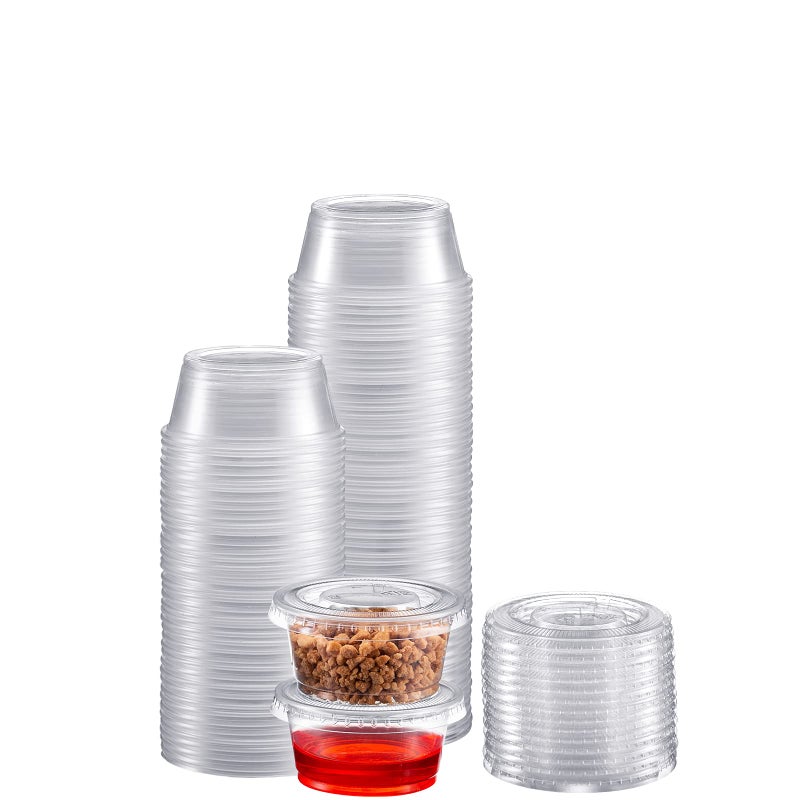 Zeml Portion Cups with Lids (3.25 Ounces, 100 Pack) | Disposable Plastic Cups for Meal Prep, Portion Control, Salad Dressing, & Medicine | Small Plastic Condiment Container
