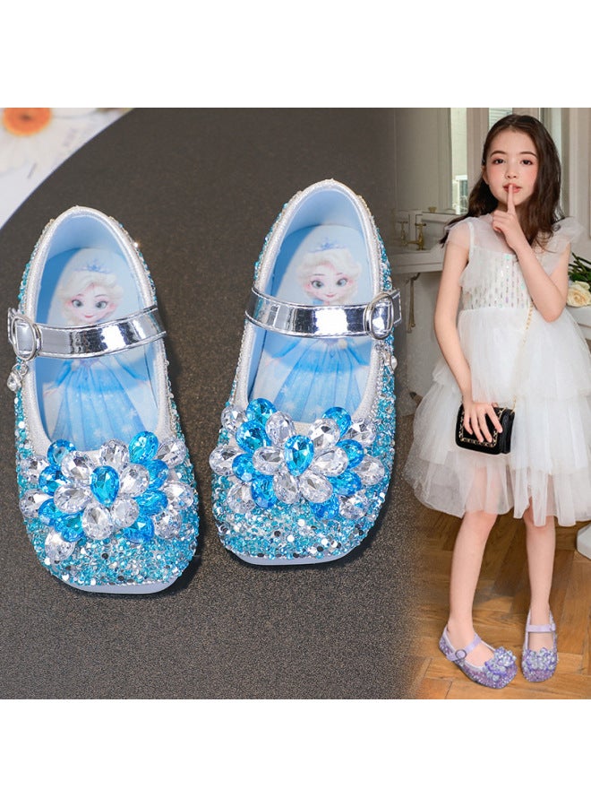 Girl's Crystal Princess Shoes Spring Autumn New Elsa Children's Single Shoes Soft Sole Baby Girl Performance Leather Shoes