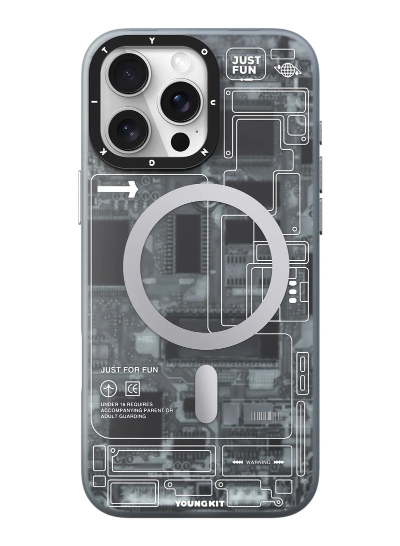يونج كيت جراب لوحة دوائر كهربائية رمادية مستقبلية لهاتف iPhone 16 Pro Max - Image 1