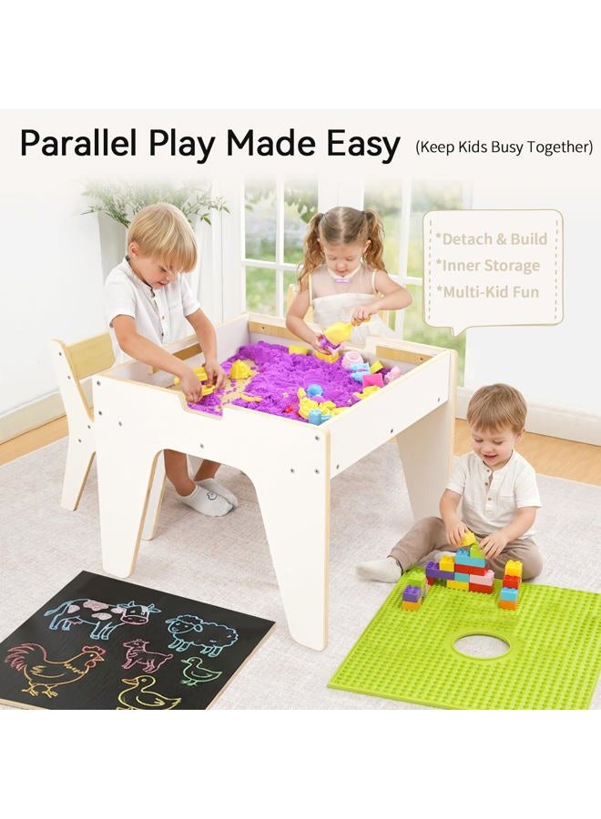 wingyz 4-in-1 Wooden Toddler Activity Table and 2 Chairs, Ages 2-12 & 4-8 Building Blocks Construction Sensory Table with Storage, Spacious Kids Learning Desk - Image 2