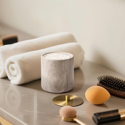 WORHE Marble Qtip Holder with Brass Lid for Cotton SwabsBallsPadsFloss Picks Large Capacity Marble Apothecary Jar for Bathroom Essentials Decor Vanity Makeup Storage Organizer Grey WH079 - Image 3