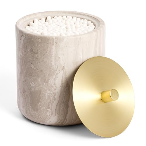WORHE Marble Qtip Holder with Brass Lid for Cotton SwabsBallsPadsFloss Picks Large Capacity Marble Apothecary Jar for Bathroom Essentials Decor Vanity Makeup Storage Organizer Grey WH079 - Image 1