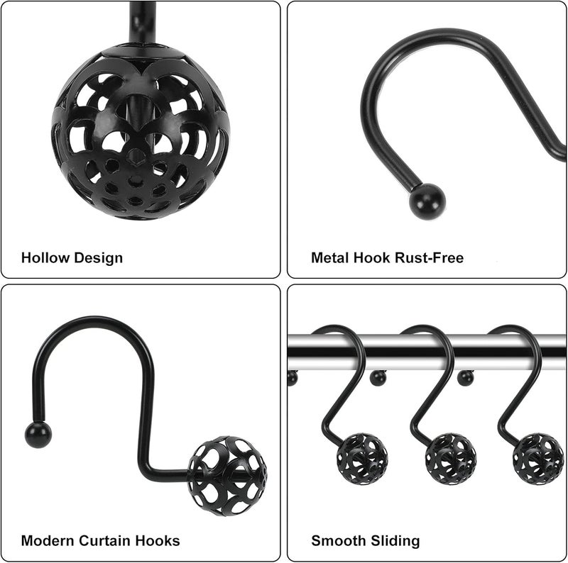 Gracelife 12Pcs Hollow Ball Shower Curtain Hooks Luxury Quality Rustproof Stainless Steel Shower Curtain Rings Hooks for Bathroom Rod (Black), one size - Image 2