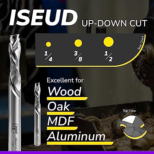 SPEED TIGER Carbide Spiral Router Bits - Up Down Compression Bit, ISEUD1/4” Diameter, 1” Cutting Length, 2-1/2"OVL (1 Piece, 1/4") - for Wood, Plywood, MDF, Oak, Aluminum – Mill Bits Sets - Image 2