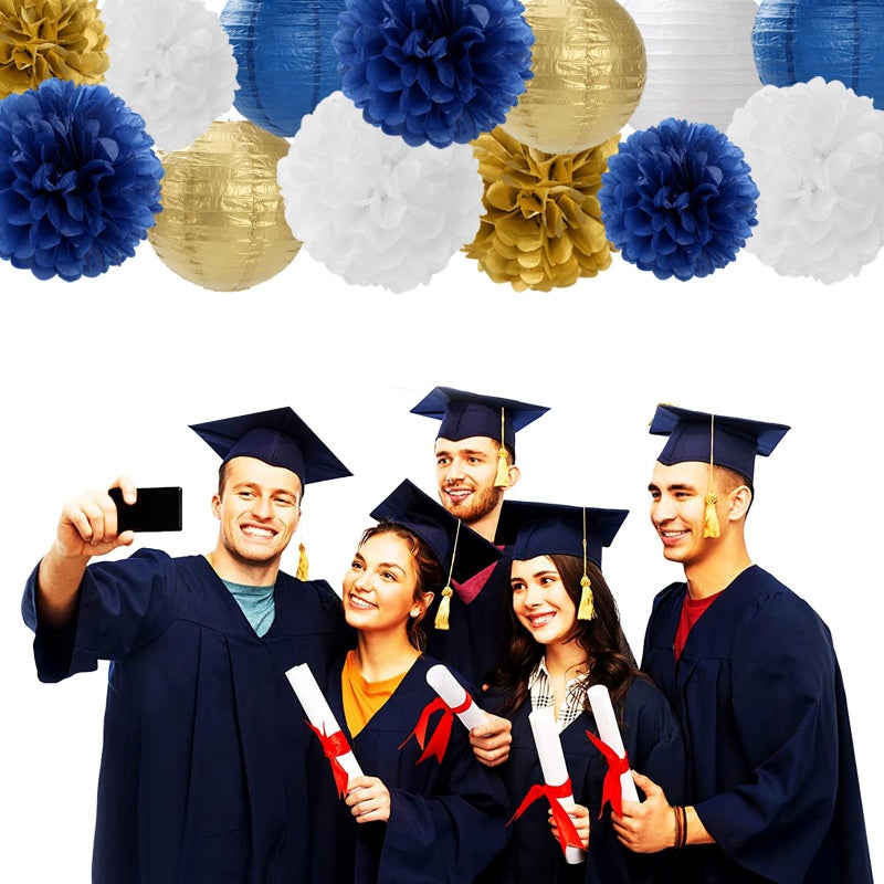 Hugfond Navy-Blue Gold Party-Decorations Paper-Flowers Lanterns - 15PCS Royal White Baby Bridal Shower Tissue Pom Poms Streamers  Bachelorette Birthday Wedding Graduation Hanging Supplies Decor Hugfond - Image 5