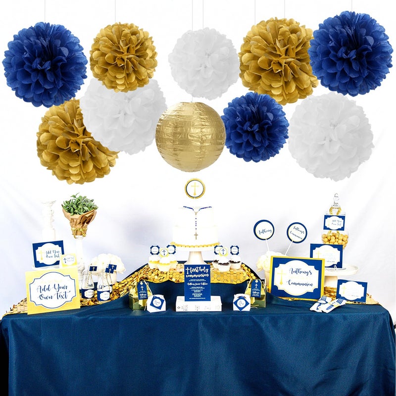 Hugfond Navy-Blue Gold Party-Decorations Paper-Flowers Lanterns - 15PCS Royal White Baby Bridal Shower Tissue Pom Poms Streamers  Bachelorette Birthday Wedding Graduation Hanging Supplies Decor Hugfond - Image 2