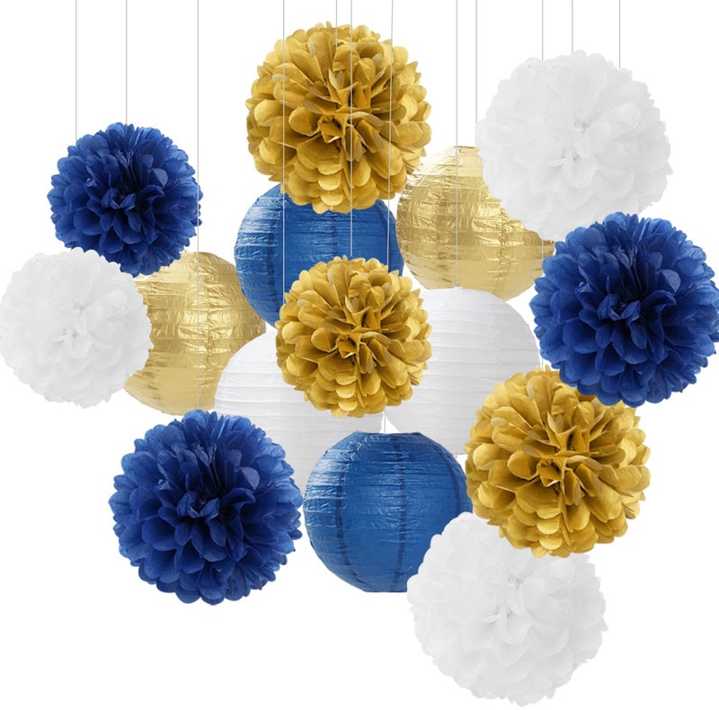 Hugfond Navy-Blue Gold Party-Decorations Paper-Flowers Lanterns - 15PCS Royal White Baby Bridal Shower Tissue Pom Poms Streamers  Bachelorette Birthday Wedding Graduation Hanging Supplies Decor Hugfond - Image 1