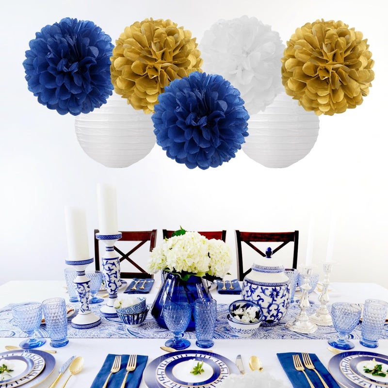 Hugfond Navy-Blue Gold Party-Decorations Paper-Flowers Lanterns - 15PCS Royal White Baby Bridal Shower Tissue Pom Poms Streamers  Bachelorette Birthday Wedding Graduation Hanging Supplies Decor Hugfond - Image 4