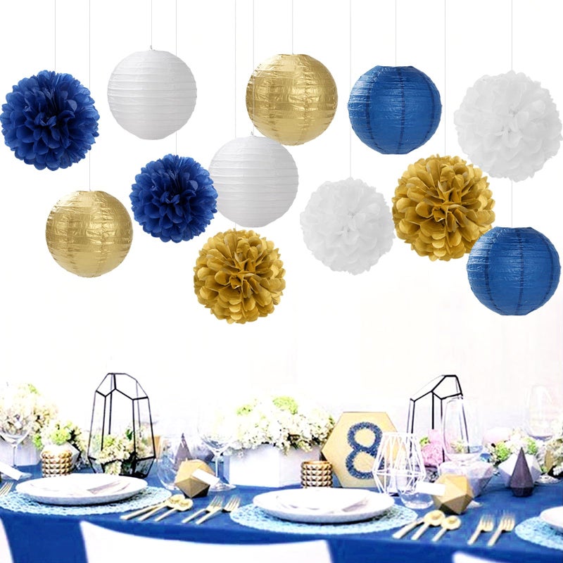 Hugfond Navy-Blue Gold Party-Decorations Paper-Flowers Lanterns - 15PCS Royal White Baby Bridal Shower Tissue Pom Poms Streamers  Bachelorette Birthday Wedding Graduation Hanging Supplies Decor Hugfond - Image 3
