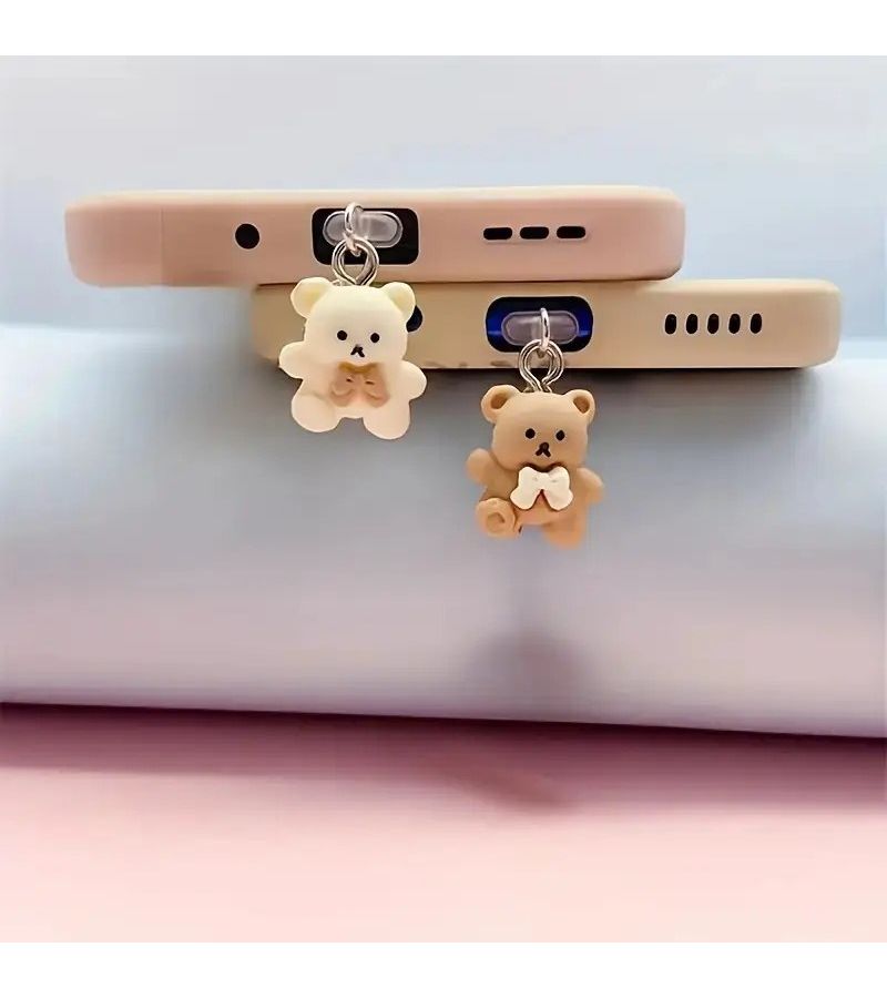 Brown Beige Bear Shaped Phone Dust Plug for iPhone 5-14 Type C Tablet - Image 2