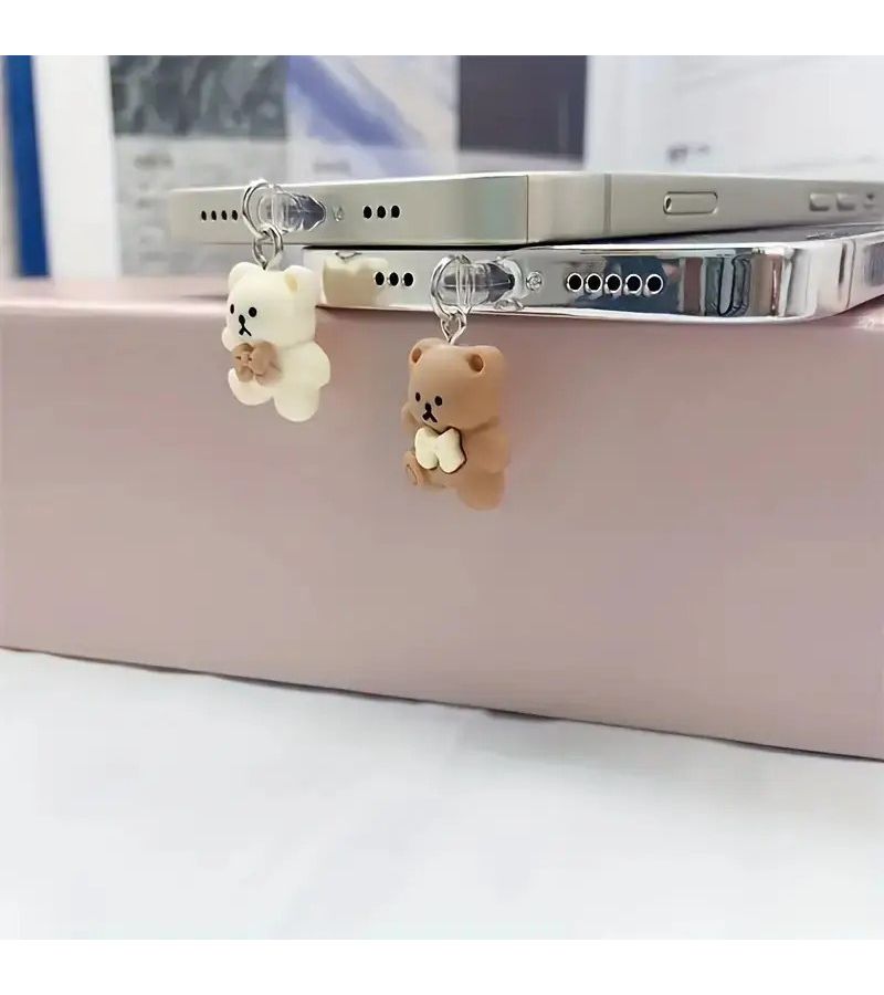 Brown Beige Bear Shaped Phone Dust Plug for iPhone 5-14 Type C Tablet - Image 3