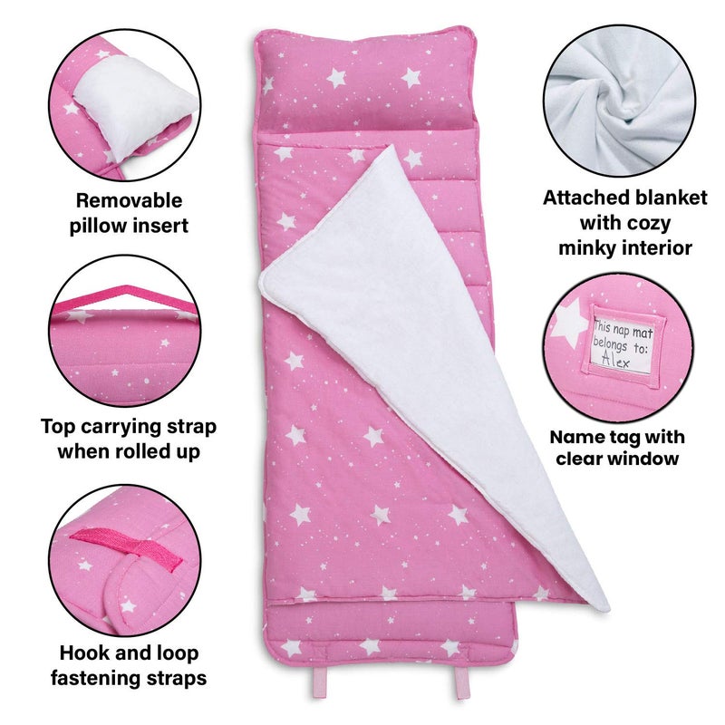 Delta Children Nap Mat with Included Pillow and Blanket for Toddlers and Kids; Features Carry Handle with Strap Closure and Name Tag; Rollup Design is Ideal for Preschool and Daycare, Blushing Stars - Image 2