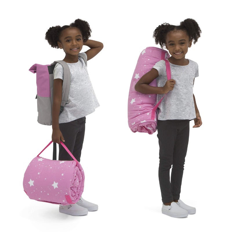 Delta Children Nap Mat with Included Pillow and Blanket for Toddlers and Kids; Features Carry Handle with Strap Closure and Name Tag; Rollup Design is Ideal for Preschool and Daycare, Blushing Stars - Image 5