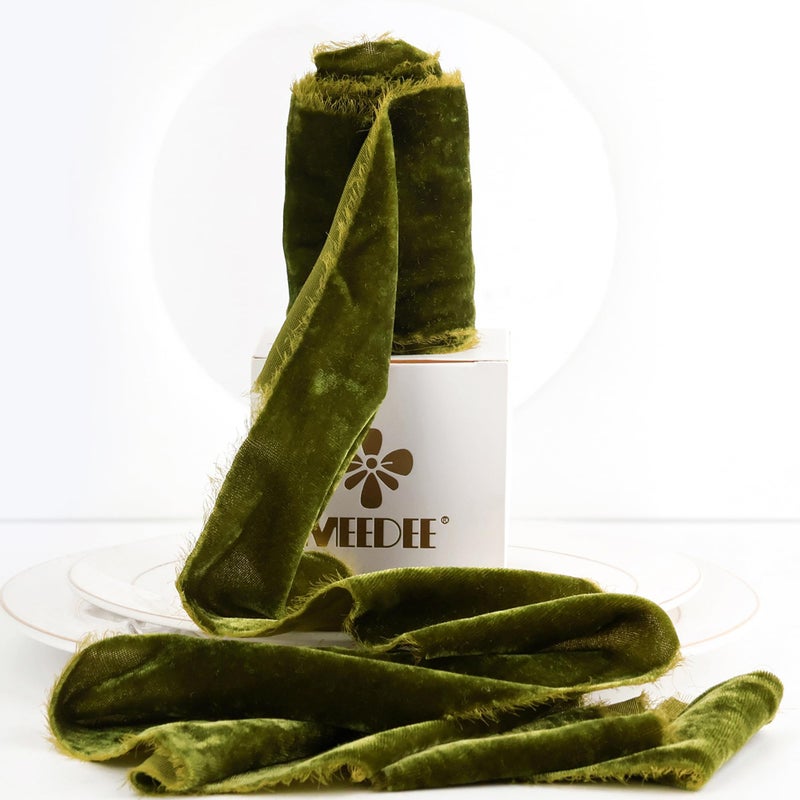 MEEDEE Olive Velvet Ribbon 3 Inch Olive Fringe Ribbons Raw Edge Silk Velvet Ribbon for Wreaths Flower Bouquet Photography Dress Sash Baby Shower Wedding Decor 3 Yards