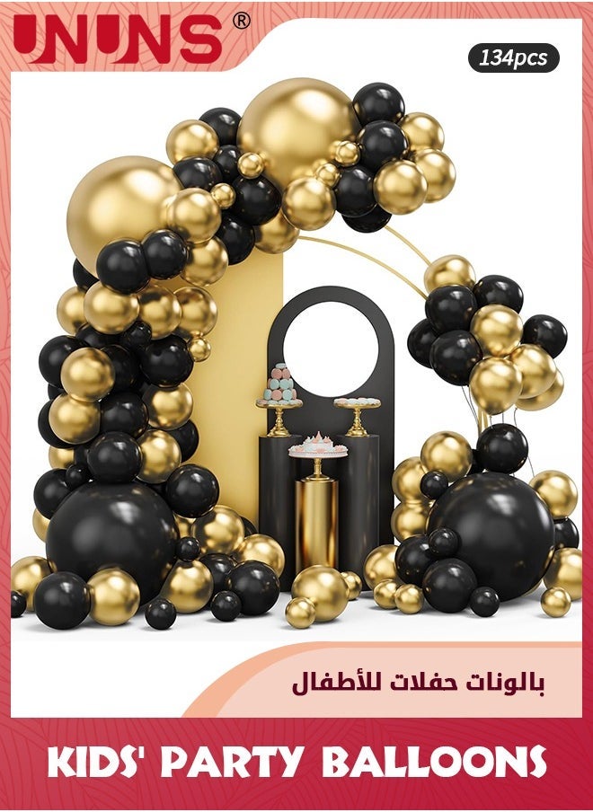 UNUNS Black And Gold Balloons Arch Kit,134 Pcs Chrome Metallic Balloons Different Sizes 5/10/12/18 Inch Latex Party Balloons Kit,For Birthday Party Arch Decoration Wedding Birthday Baby Shower - Image 1
