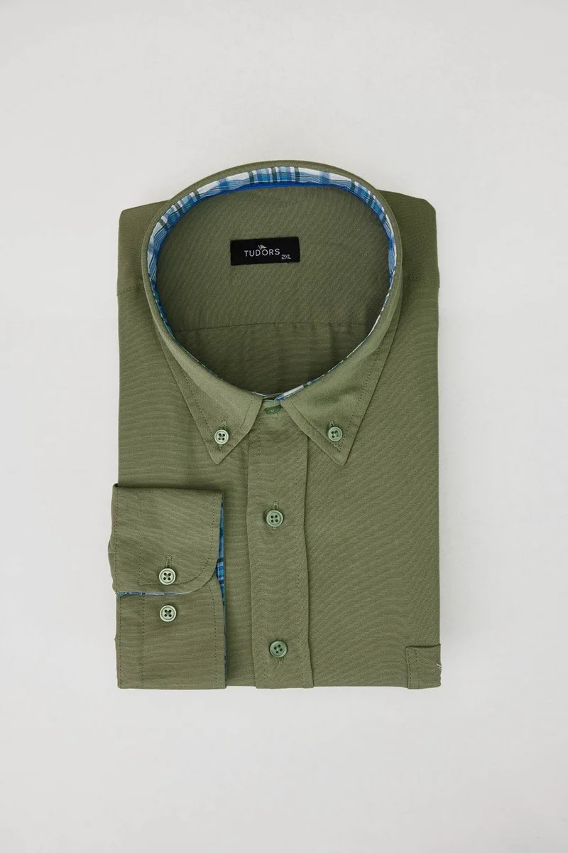 Tudors Men's Big Size Plus Size Long Sleeve Cotton Oxford Texture Single Pocket Khaki Button-Down Collar Shirt
