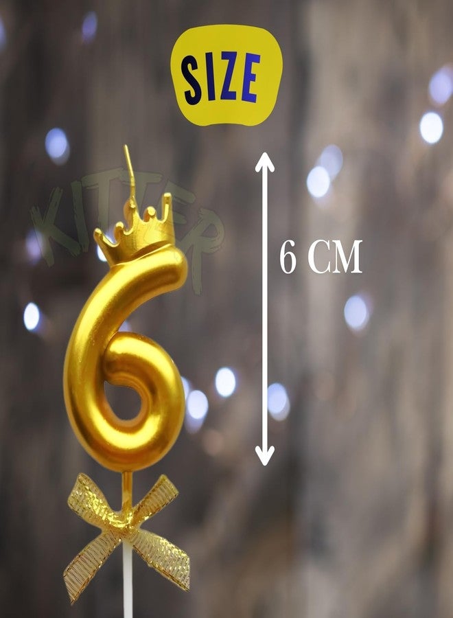 KITTER 1 Pc 6 Number Crown Candle for Birthday Cake Metallic Golden Number 6 Birthday Cake Decoration Cake Topper Candles with Crown on Top 0-9 Numbers Candles for Anniversary (Pack of 1, Gold) - Image 2