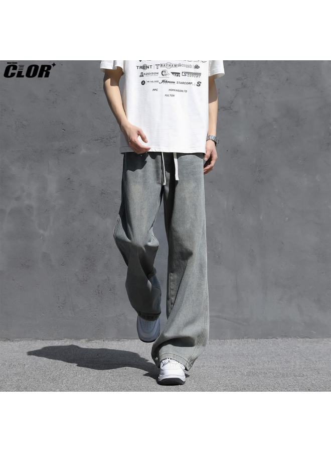 Clor Men's American Style Denim Jeans Spring Summer Loose Curved Wide-leg Vintage Trousers Nz26 Washed Blue L - Image 2